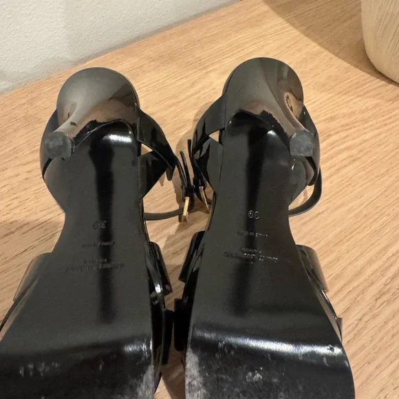Saint Laurent Black Patent T-Strap Heels with Gold Logo - Picture 8 of 16